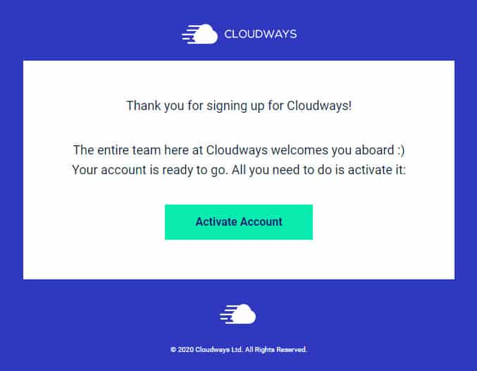 Cloudways activate account notice in email