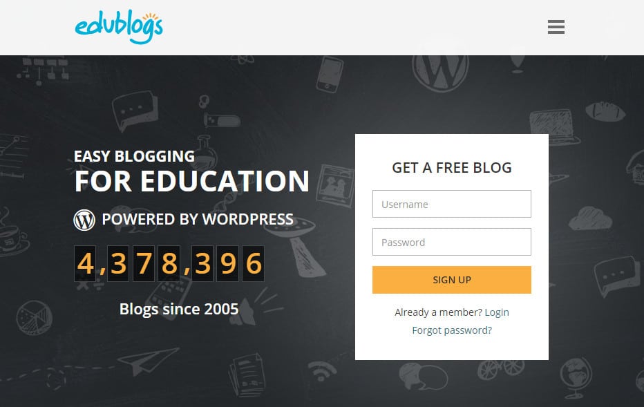 Edublogs.org homepage - a website as a service website (example two). The page has a gray background with chalk drawings. On the left, you can read Easy blogging for education. Powered by WordPress. 4,378,396 blogs since 2005. On the right, there's a signup form. 