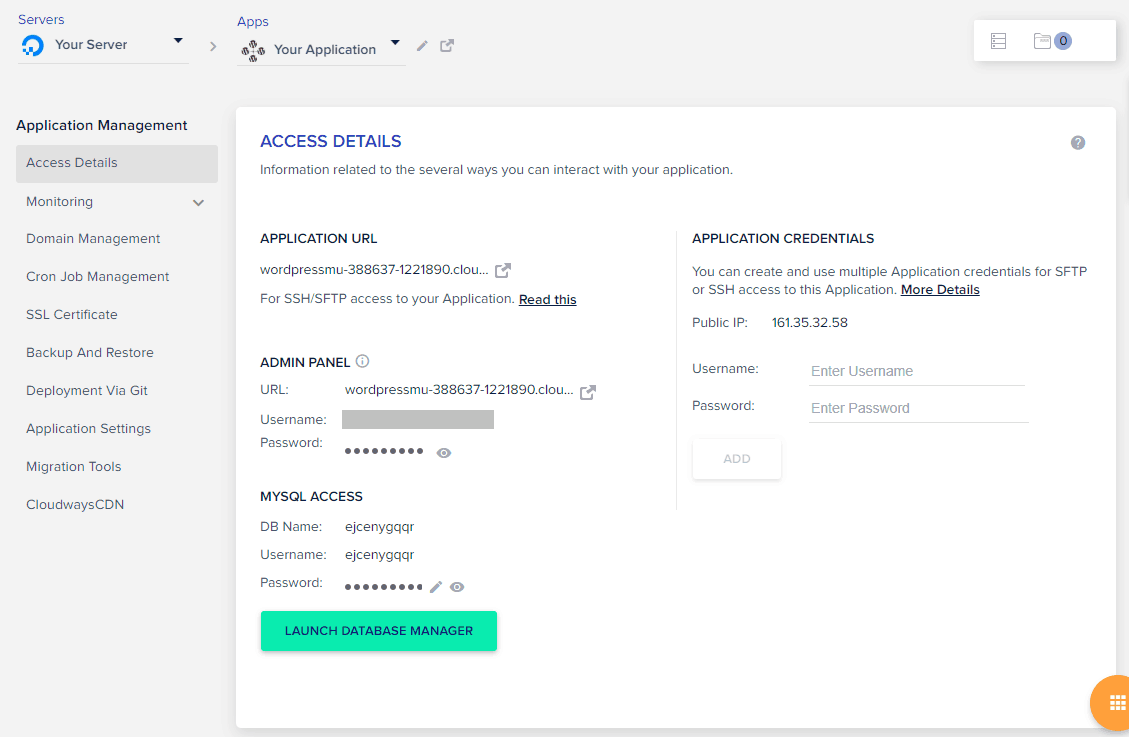 WordPress multisite hosting by Cloudways - application access details.