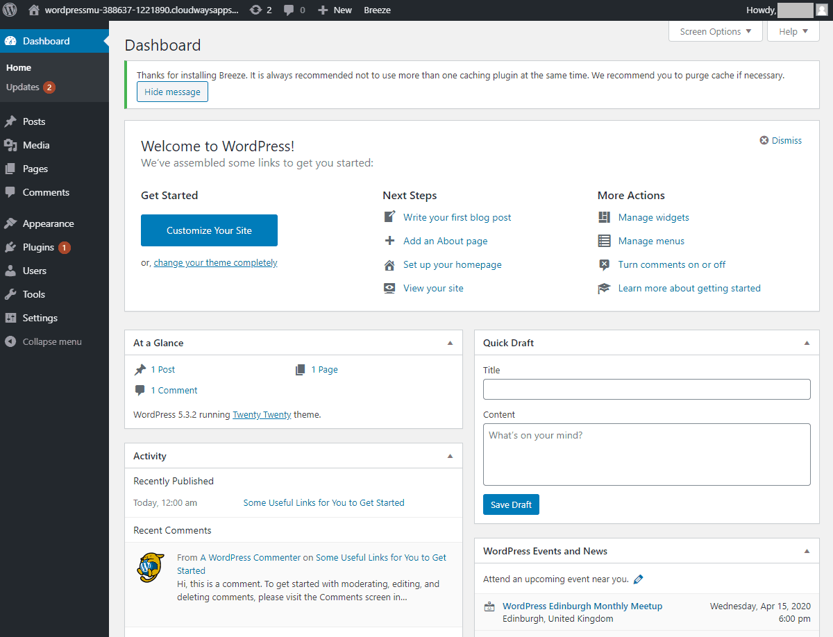 WordPress multisite hosting by Cloudways - dashboard