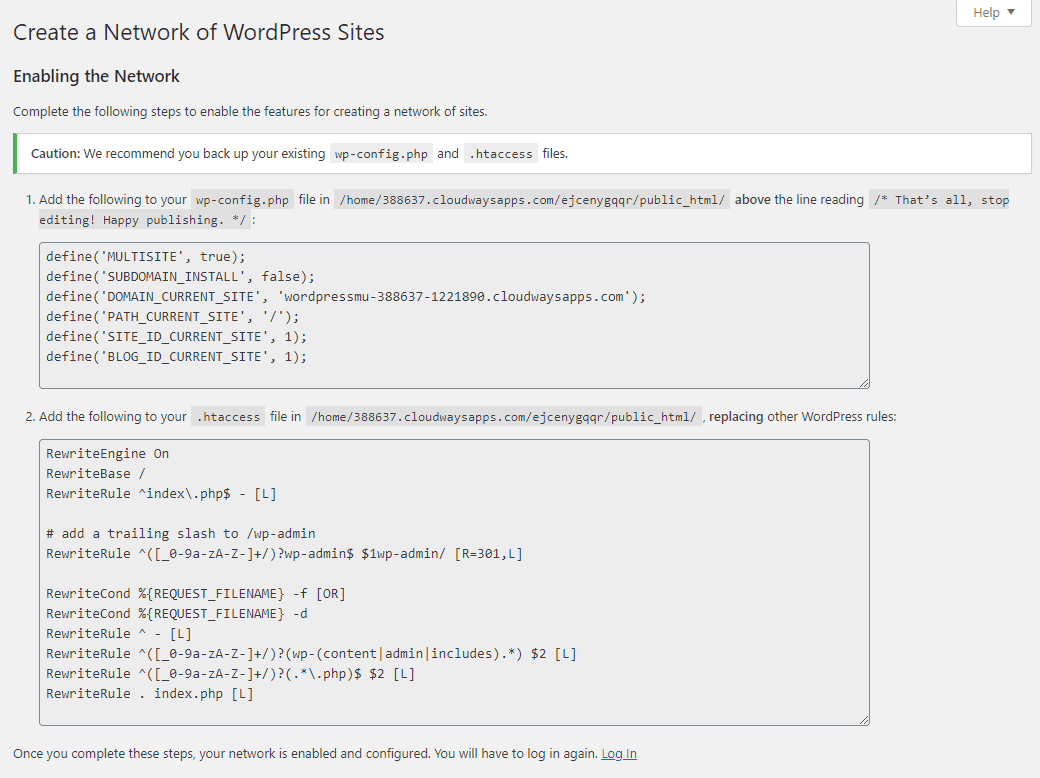 WordPress multisite hosting by Cloudways - code needed for setting up the network