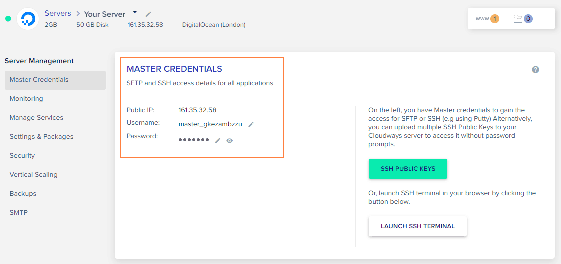 Master credentials at cloudways