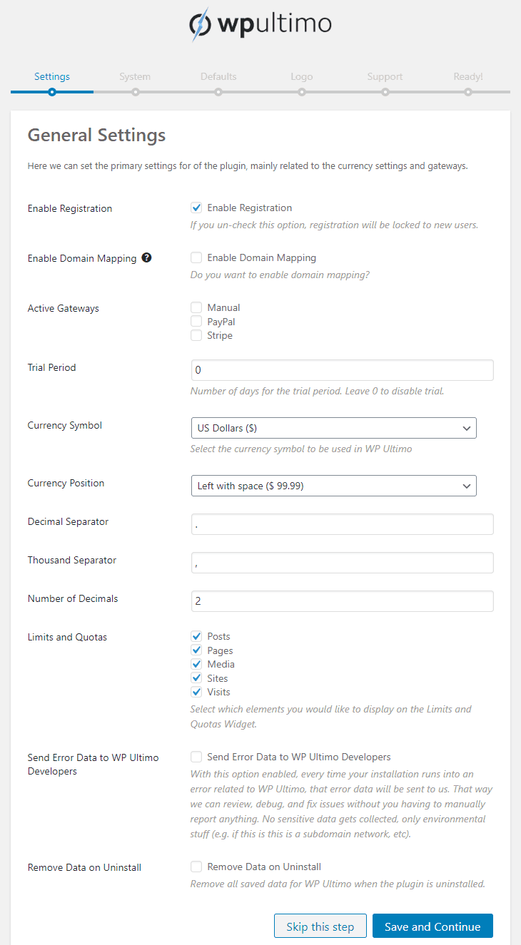 WP Ultimo WordPress plugin - create a website as a service website - general settings