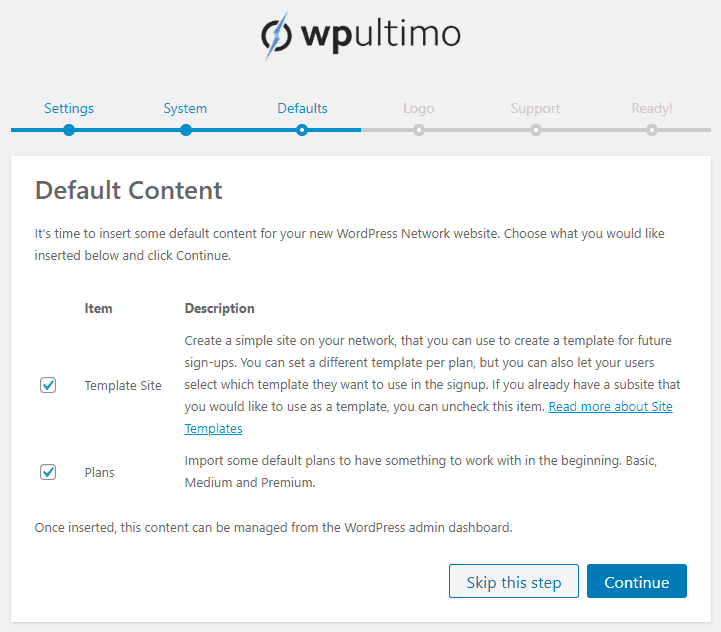 Wp ultimo wordpress plugin - add default content