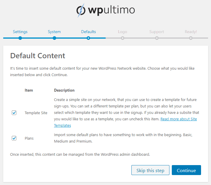 WP Ultimo WordPress plugin - add default content