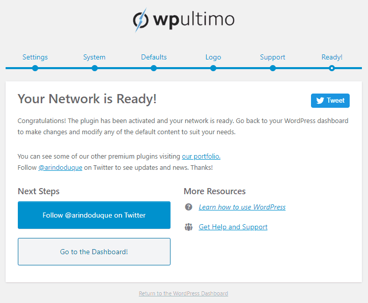 WP Ultimo WordPress plugin - Success! Network ready notice